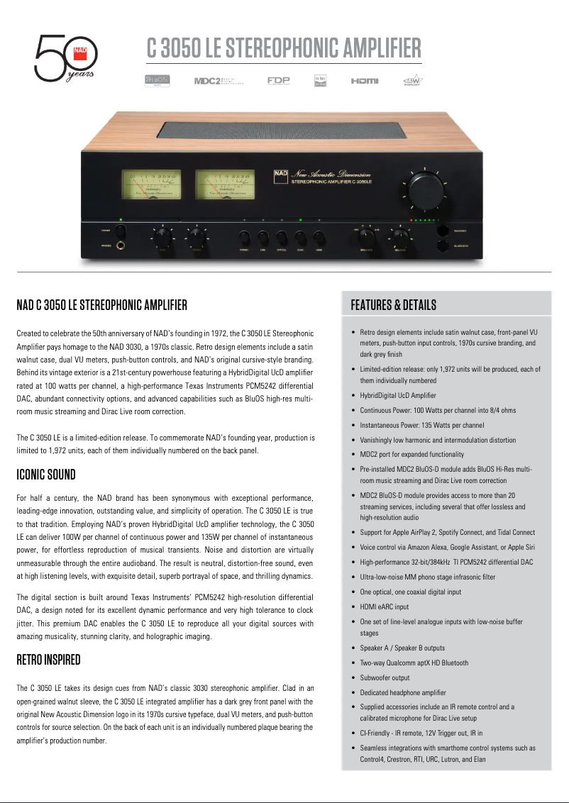 Page 1 de la notice Fiche technique NAD C 3050 LE