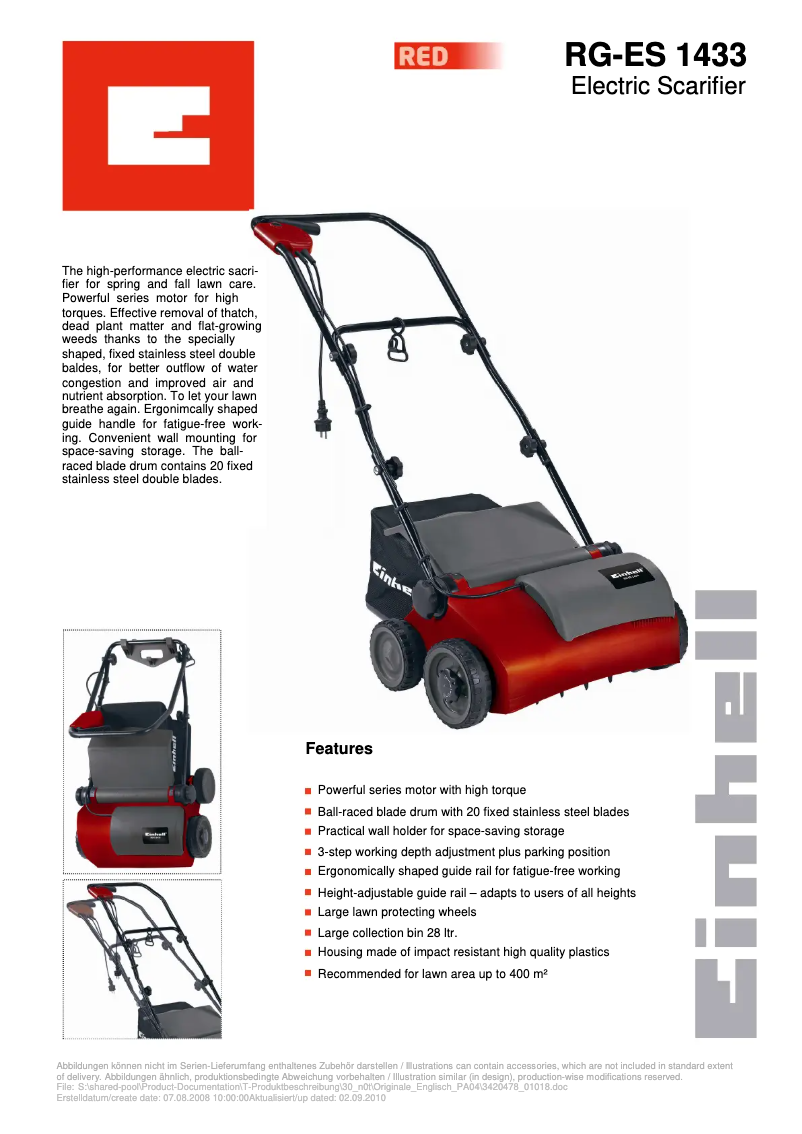 Page 1 de la notice Fiche technique Einhell RG-ES 1433
