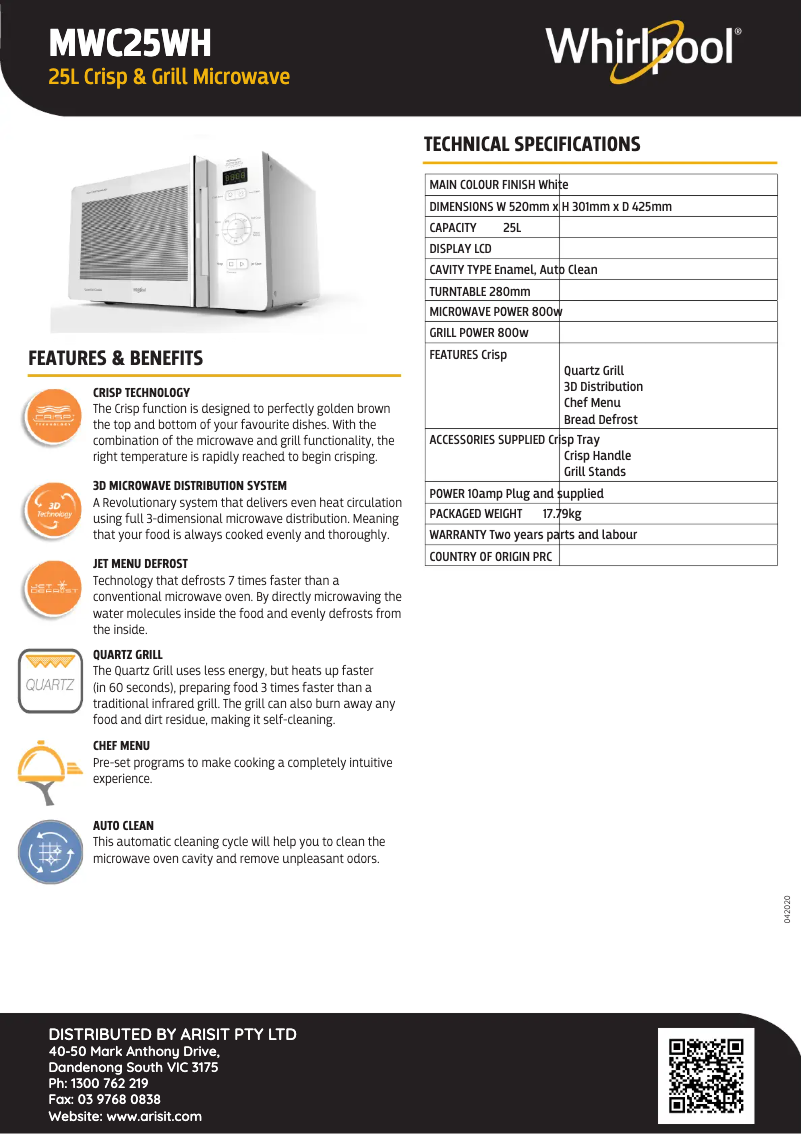 Page n°1 - Fiche technique Whirlpool MWC25WH
