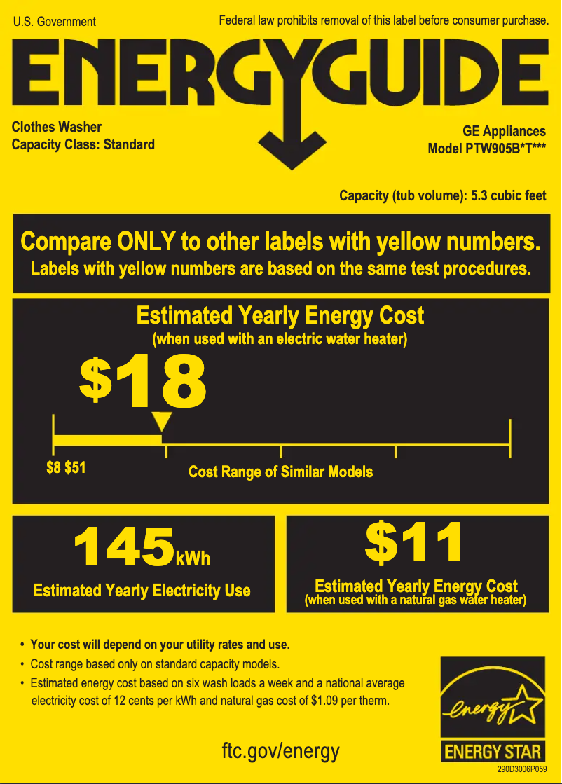 Page 1 of the manual Energy Label GE PTW905BPTRS