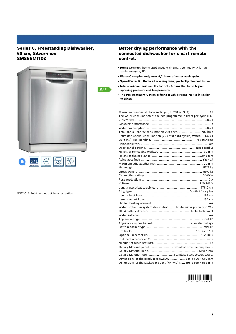 Imagen de la primera página del manual del dispositivo SMS6EMI10Z