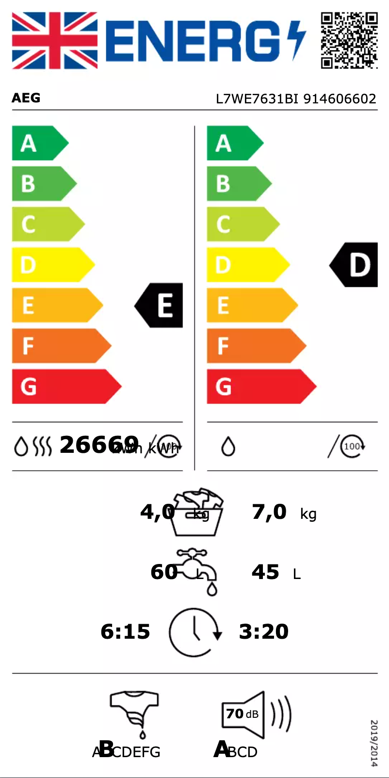 Page 1 de la notice Label énergétique AEG L7WE7631BI