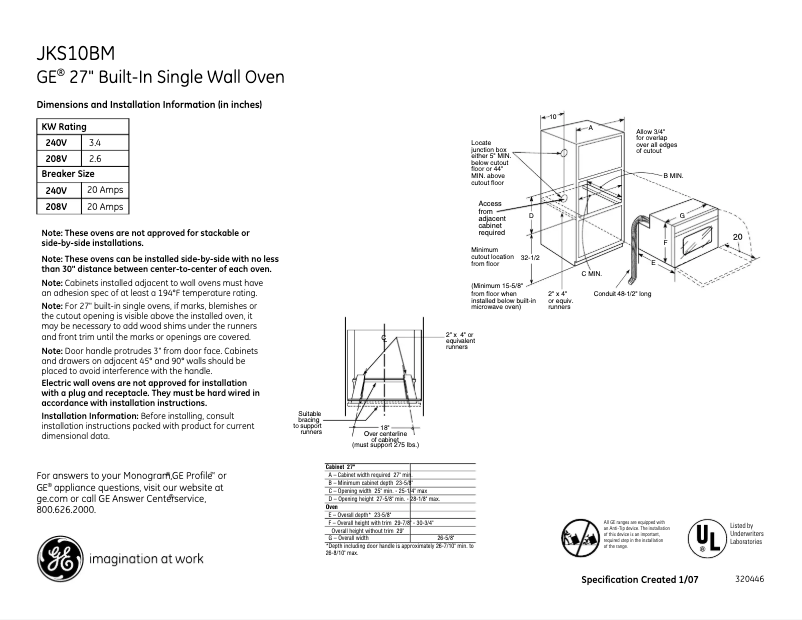Page n°1 - Fiche technique GE JKS10BMBB