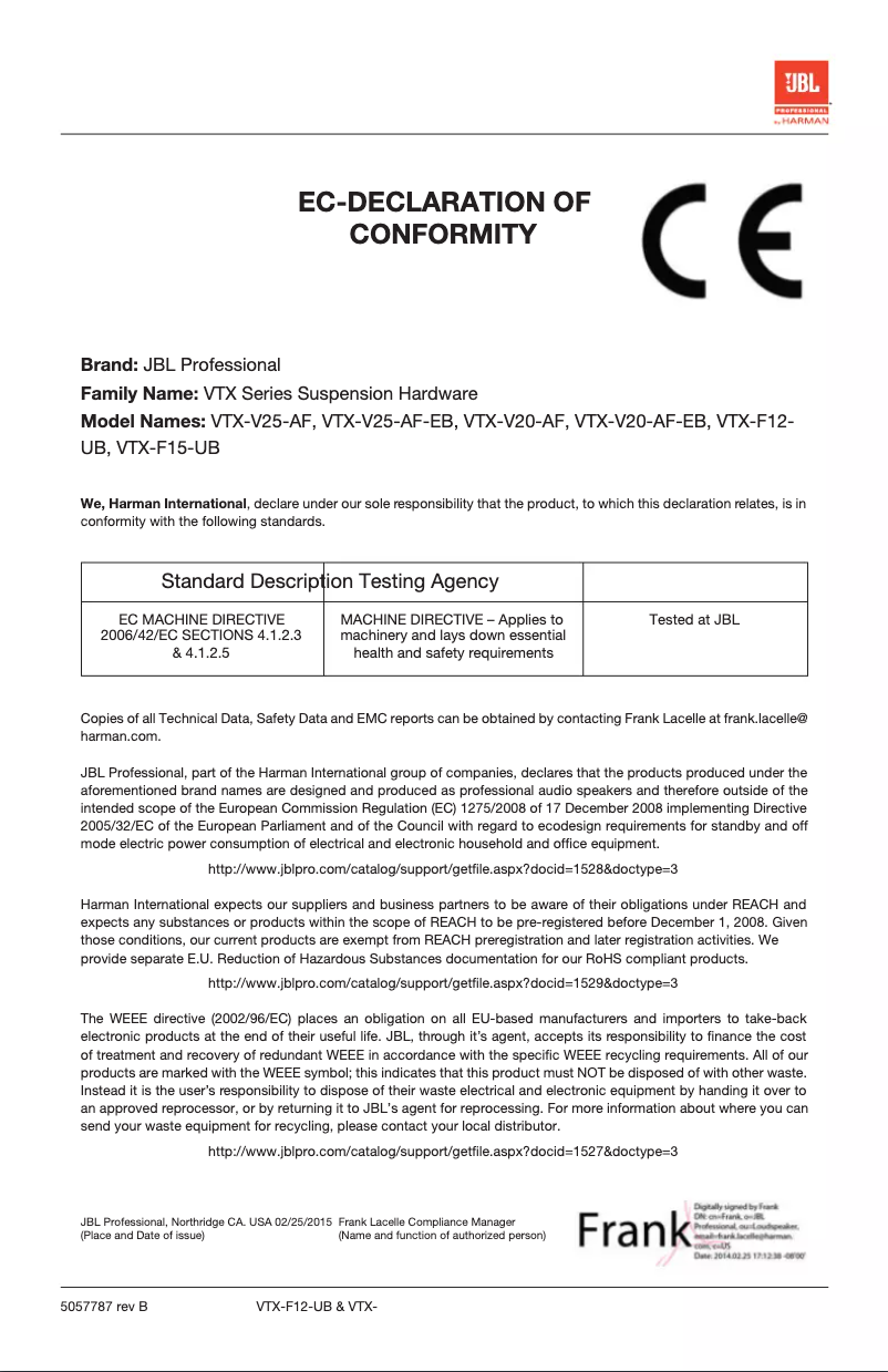 Page 1 de la notice Manuel utilisateur JBL VTX F15 UB