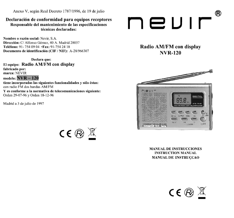 Page 1 de la notice Manuel utilisateur Nevir NVR-120