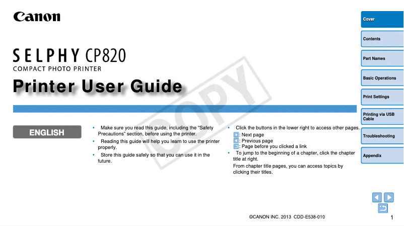 Image de la première page du manuel de l'appareil Selphy CP820
