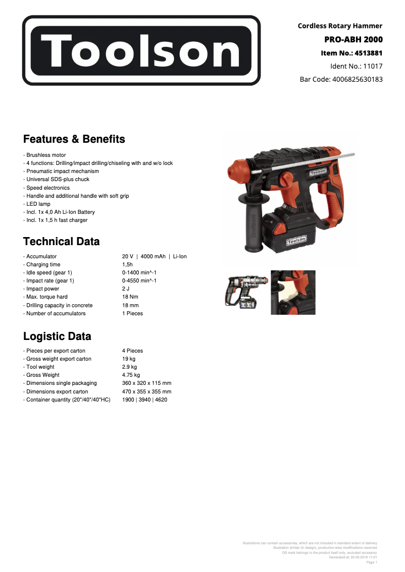 Page 1 de la notice Fiche technique Toolson PRO-ABH 2000