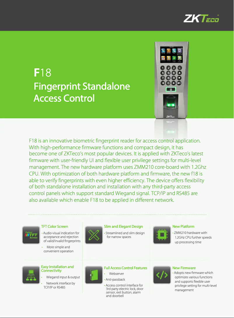 Page 1 de la notice Fiche technique ZKTeco F18