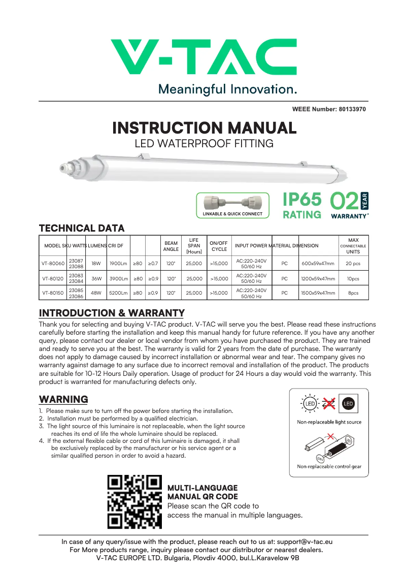 Page 1 de la notice Manuel utilisateur V-TAC VT-80150