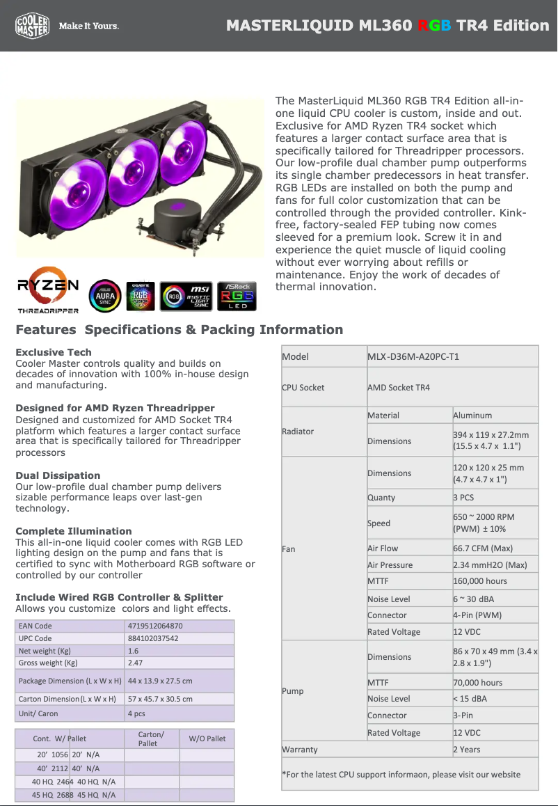 Page 1 de la notice Manuel utilisateur Cooler Master MasterLiquid ML360 TR4