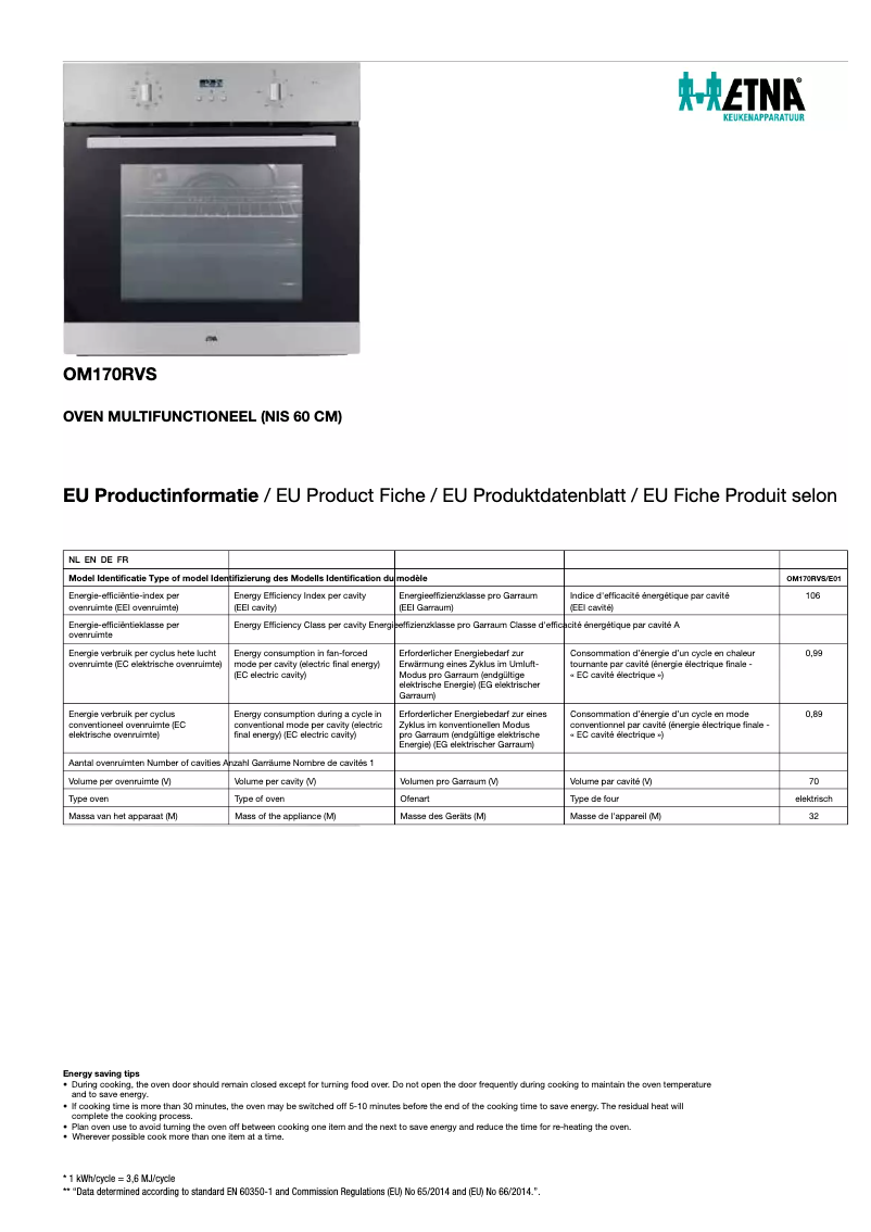 Page 1 de la notice Fiche technique Etna OM170RVS