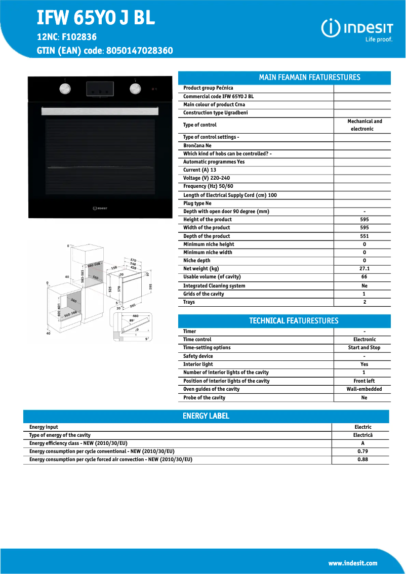 Page 1 de la notice Fiche technique Indesit IFW 65Y0 J BL