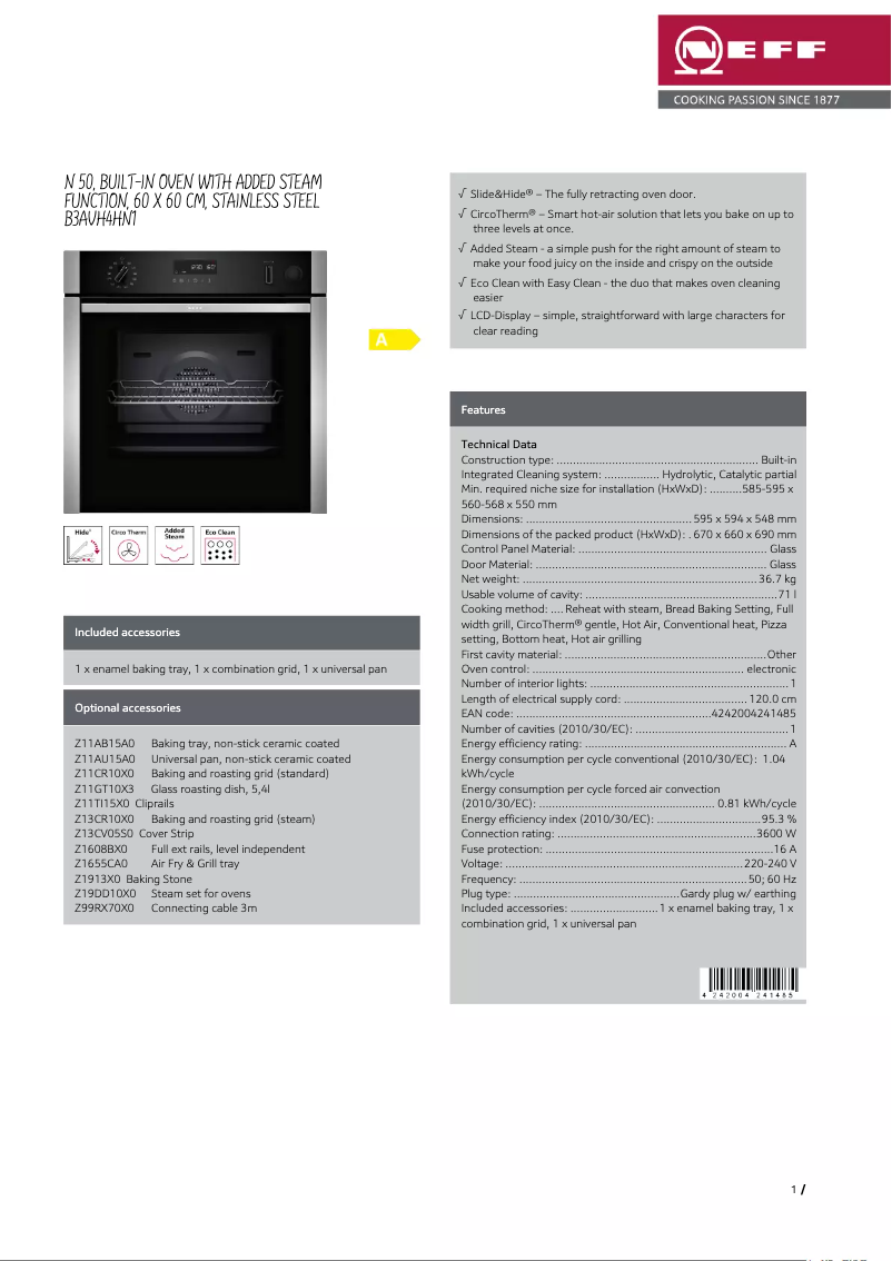 Page n°1 - Fiche technique Neff B3AVH4HN1