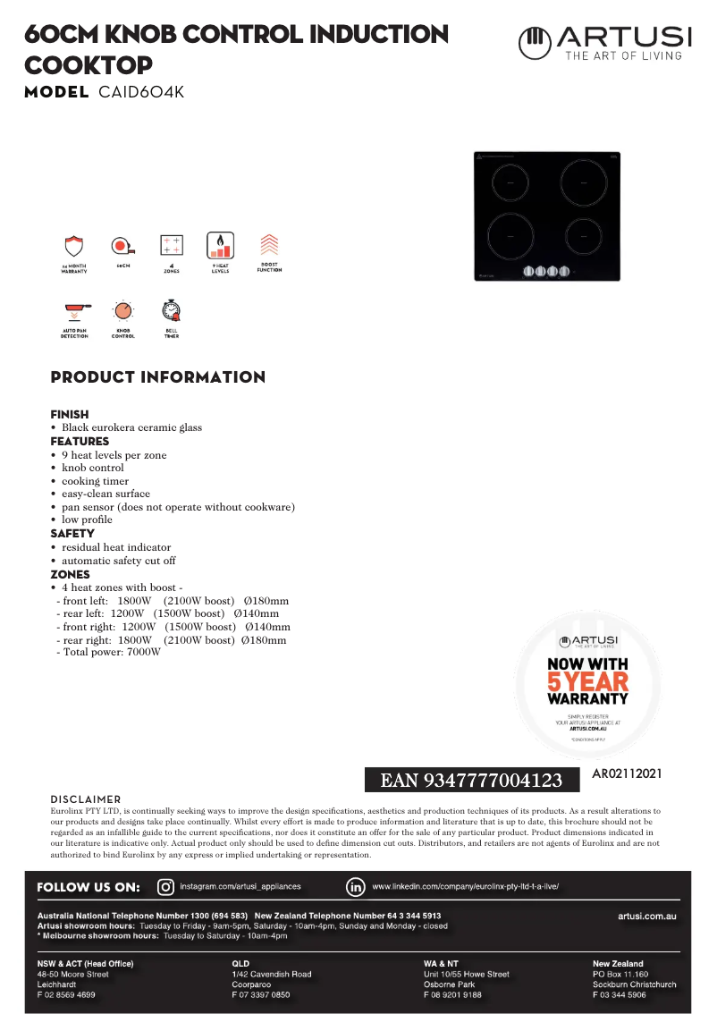 Page 1 de la notice Fiche technique Artusi CAID604K