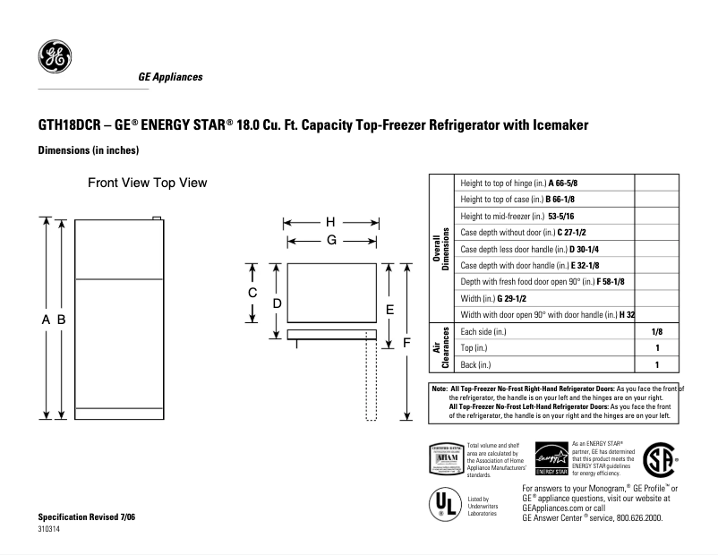 Page 1 de la notice Fiche technique GE GTH18DCRLCC