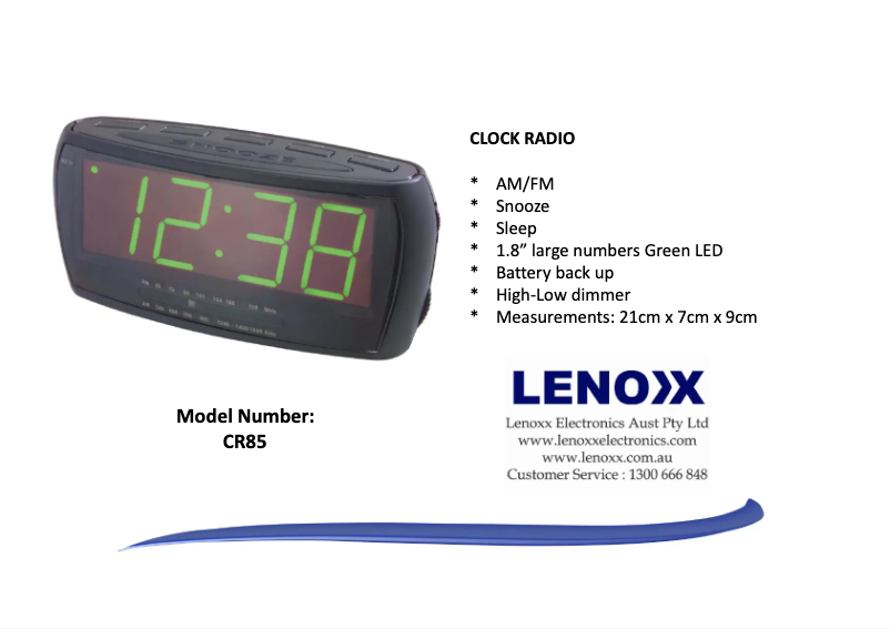 Page 1 de la notice Fiche technique Lenoxx CR85