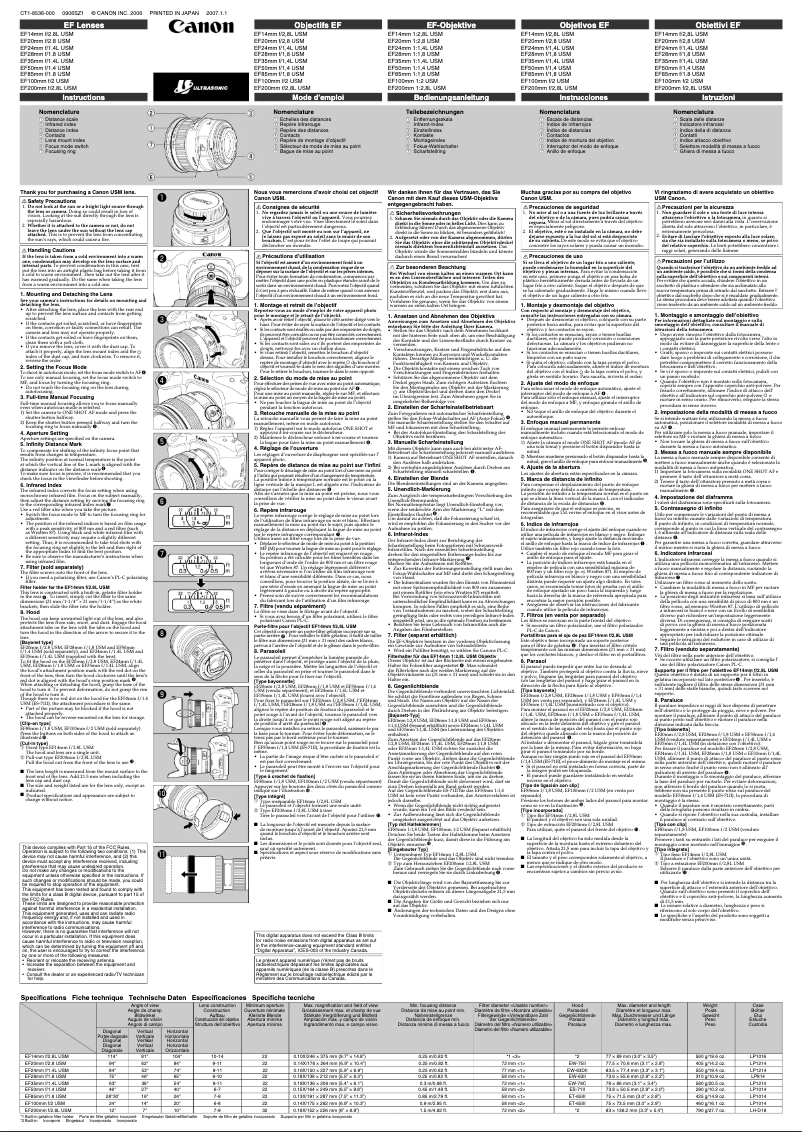 Page 1 de la notice Manuel utilisateur Canon EF 50mm 1:1,4 USM