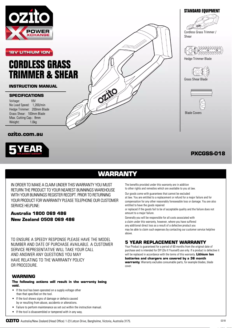 Page 1 de la notice Manuel utilisateur Ozito PXCGSS-018