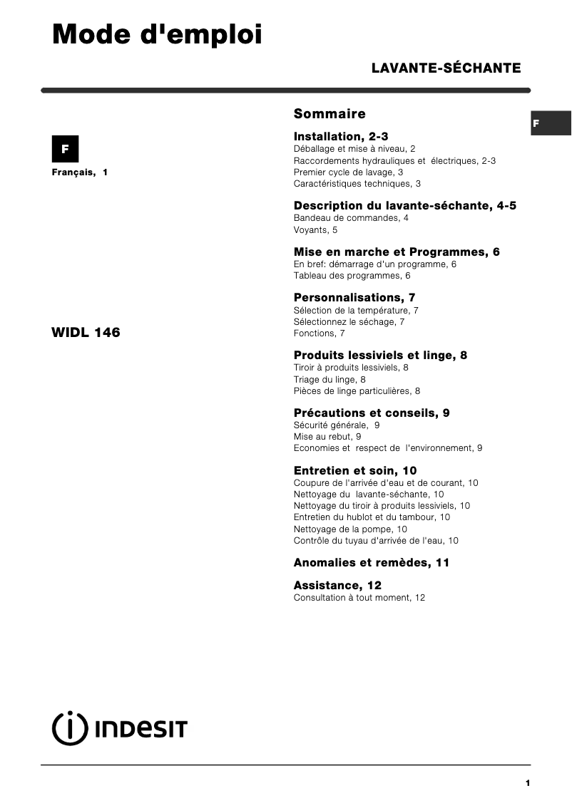 Page 1 de la notice Manuel utilisateur Indesit WIDL 146