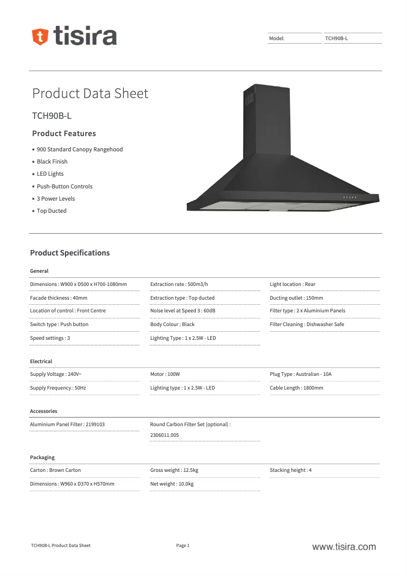 Page 1 de la notice Fiche technique Tisira TCH90B