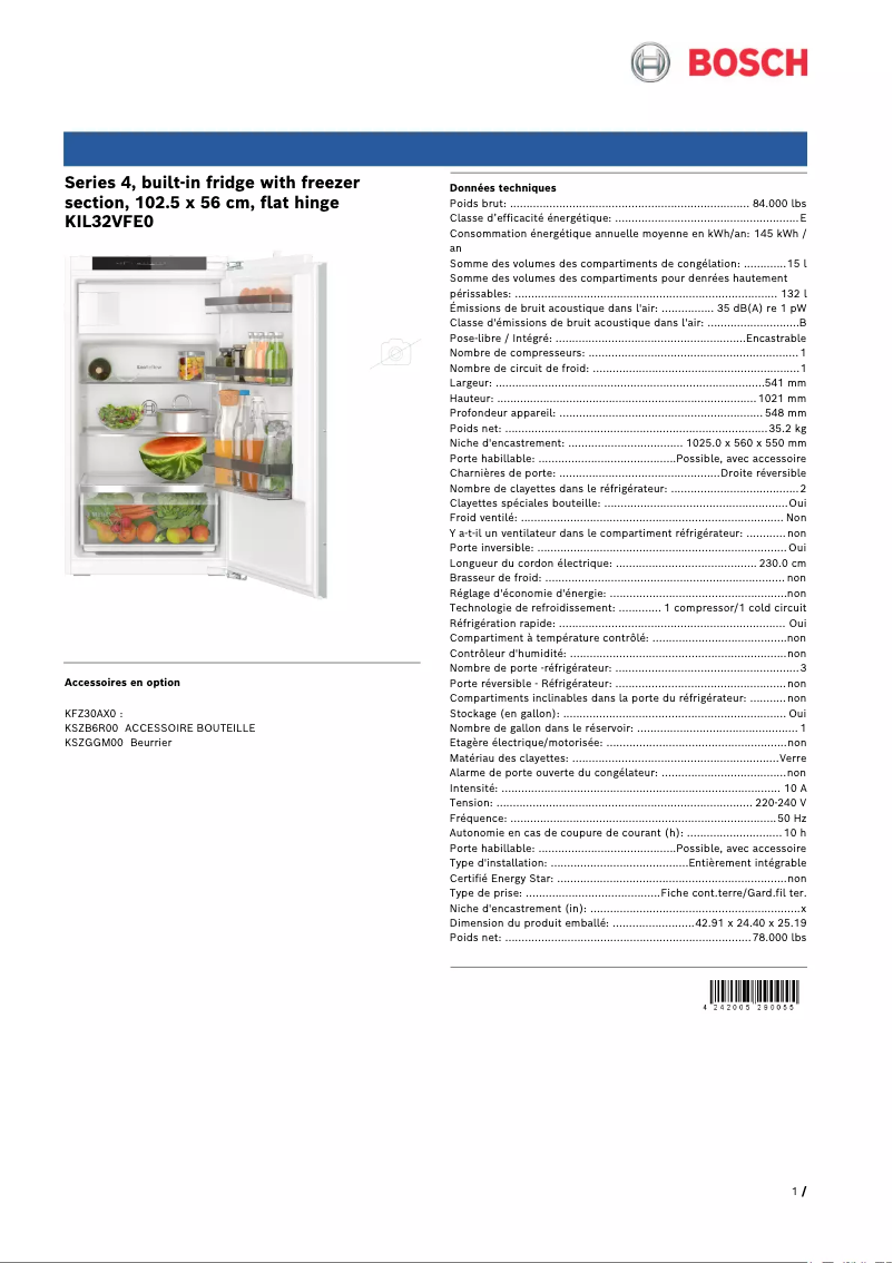 Page n°1 - Fiche technique Bosch KIL32VFE0