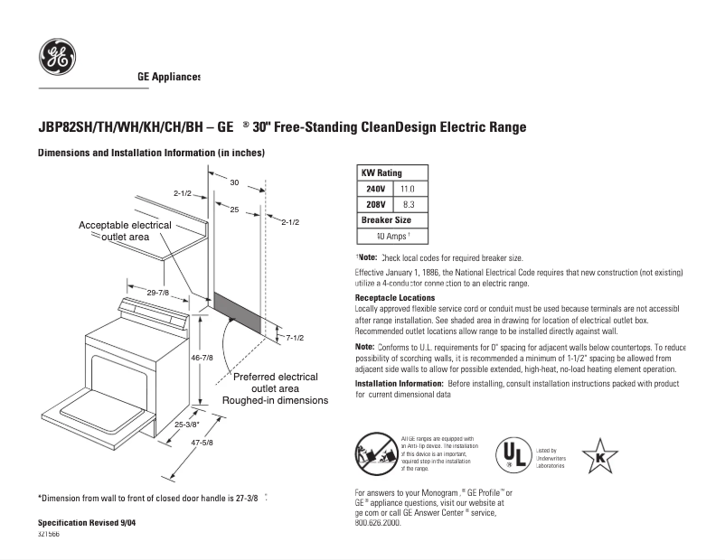 Page n°1 - Fiche technique GE JBP82BHBB