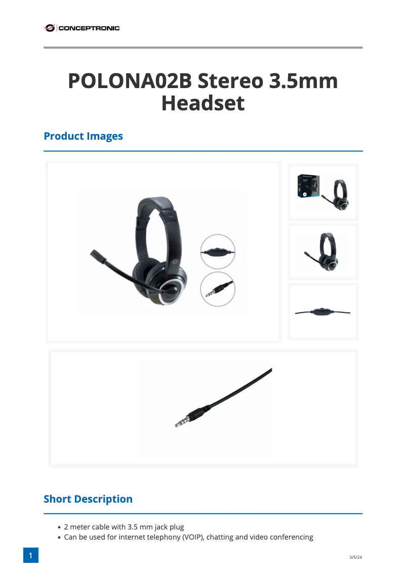 Page 1 de la notice Fiche technique Conceptronic POLONA02B