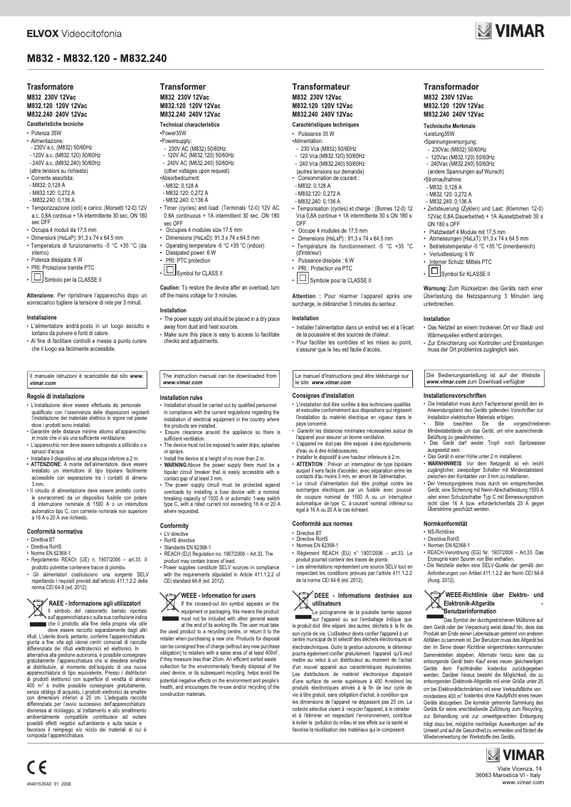 Page 1 de la notice Instructions / montage Vimar ELVOX 885A