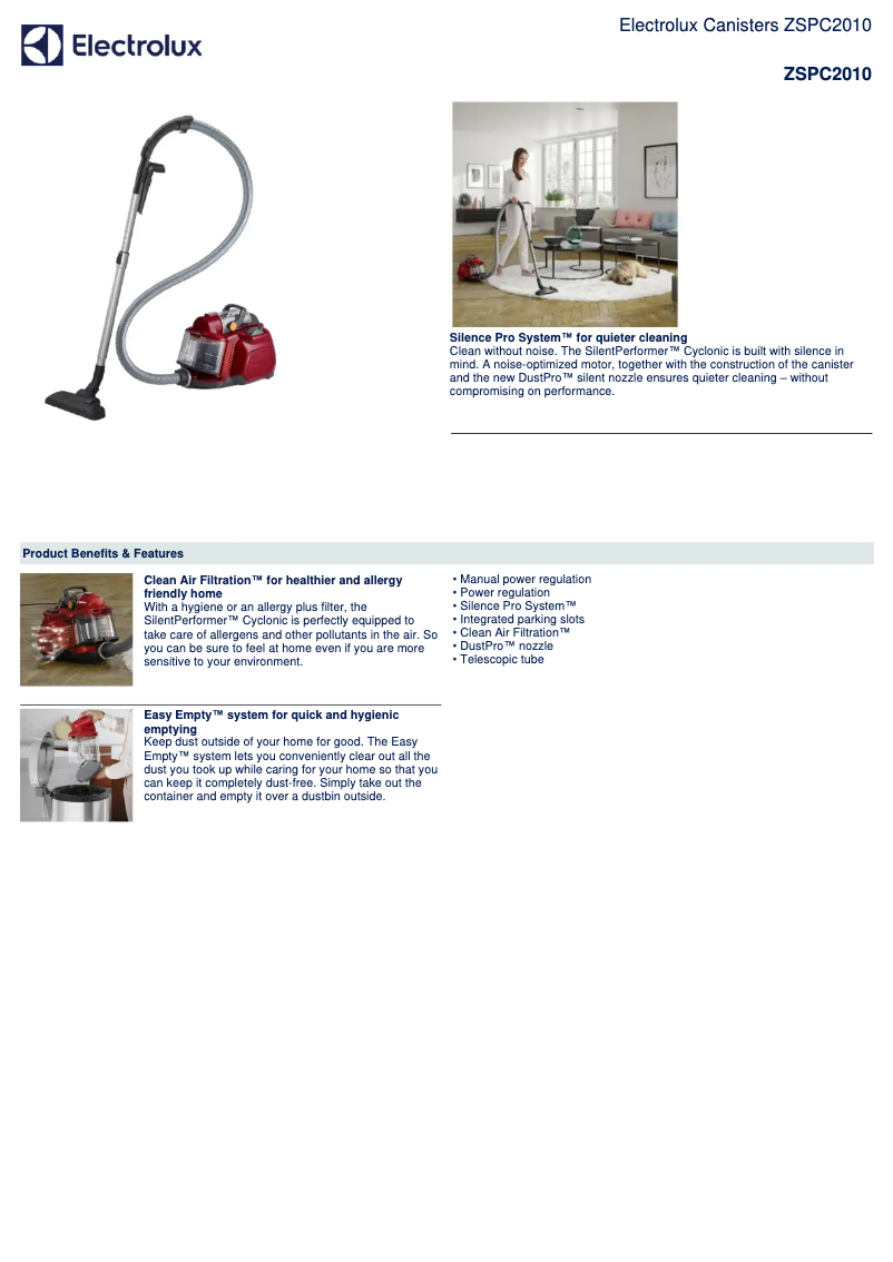 Page 1 de la notice Fiche technique Electrolux ZSPC2010