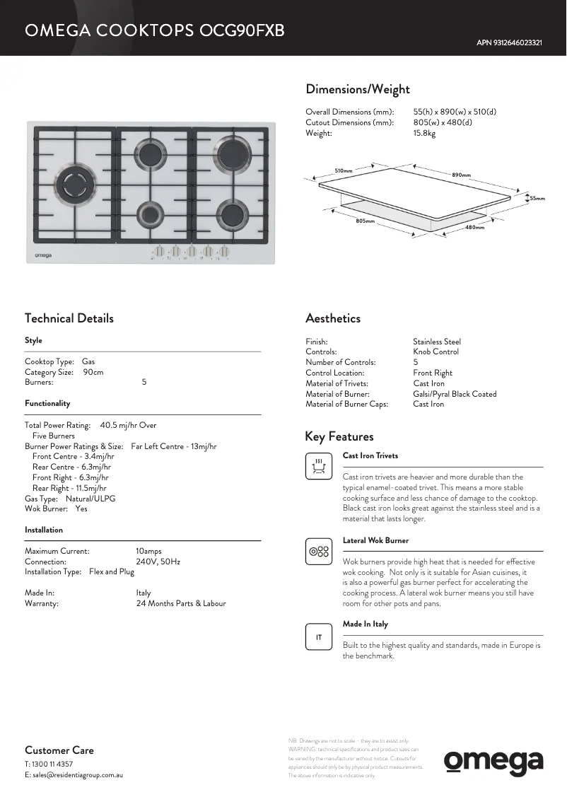 Page 1 de la notice Fiche technique Omega OCG90FXB