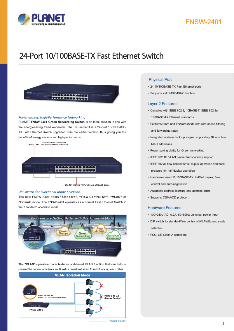 Page n°1 - Fiche technique Planet FNSW-2401