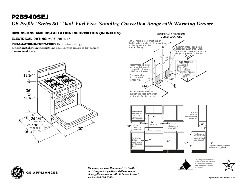 Page n°1 - Fiche technique GE Profile P2B940SEJSS