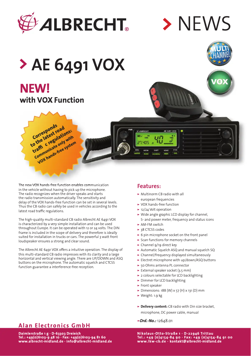 Page 1 de la notice Fiche technique Albrecht AE 6491 VOX