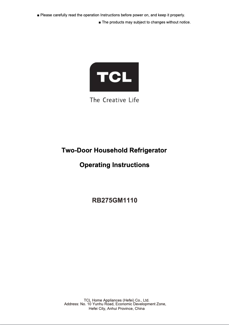 Page n°1 - Manuel utilisateur TCL RB275GM1110