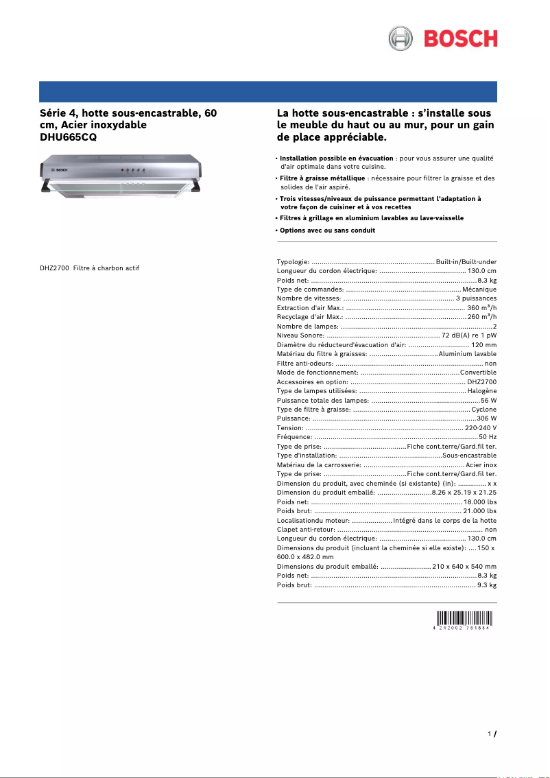 Page 1 de la notice Fiche technique Bosch DHU665CQ