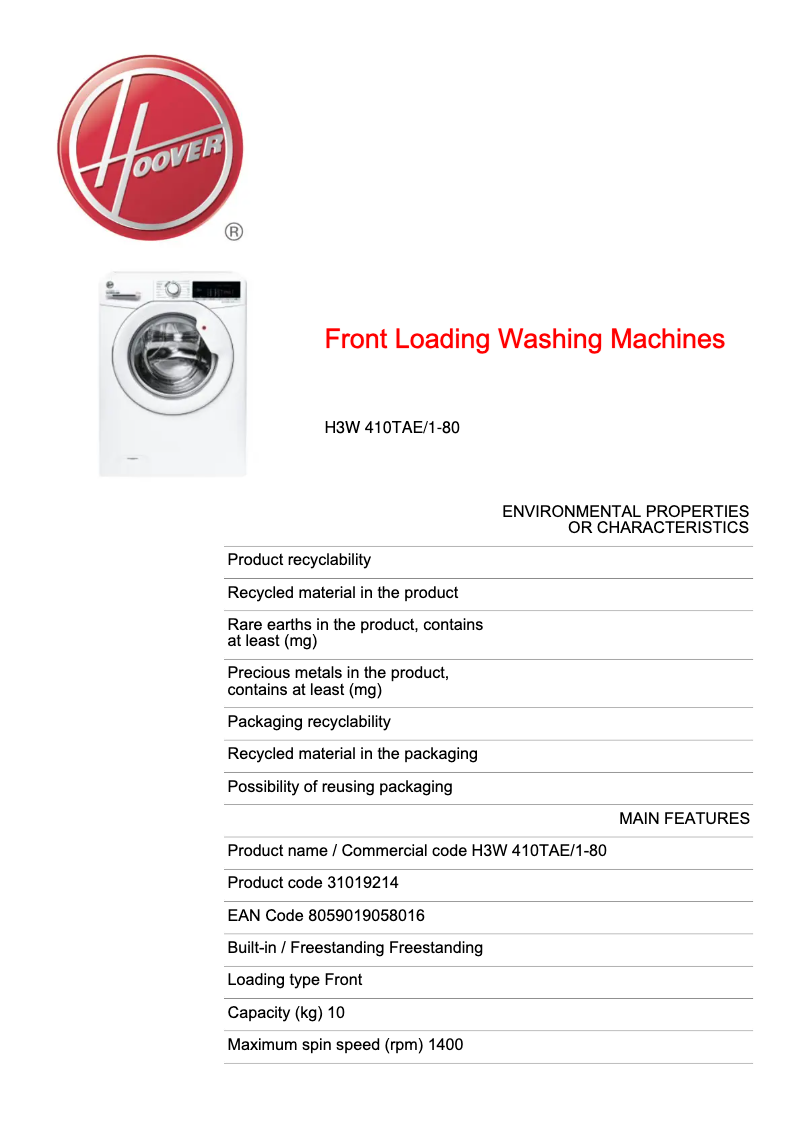 Page n°1 - Fiche technique Hoover H-WASH 300 HBWMO 916TAHC-S