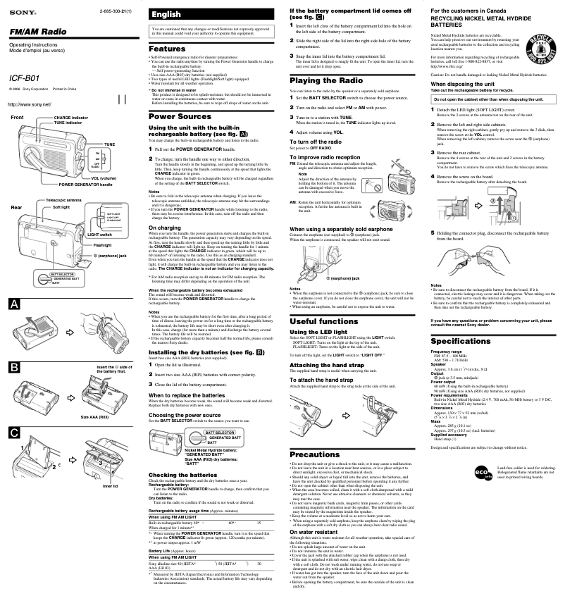 Page 1 de la notice Manuel utilisateur Sony ICF-B01