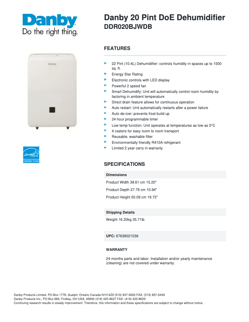 Page 1 de la notice Fiche technique Danby DDR020BJWDB