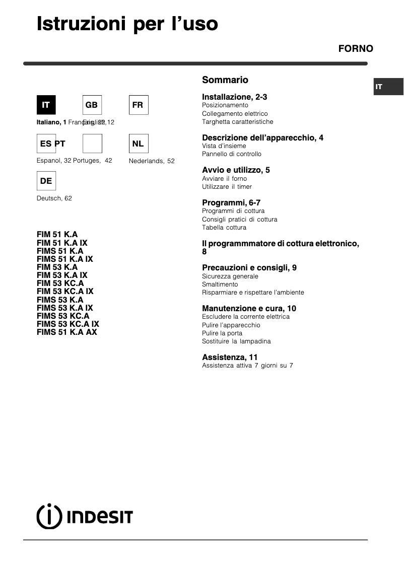 Page 1 de la notice Manuel utilisateur Indesit FIM 53 K.A (WH)