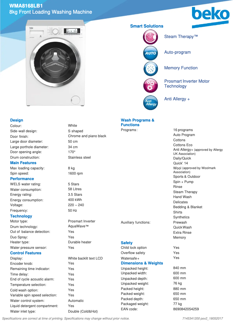 Page 1 de la notice Fiche technique Beko WMA8168LB1