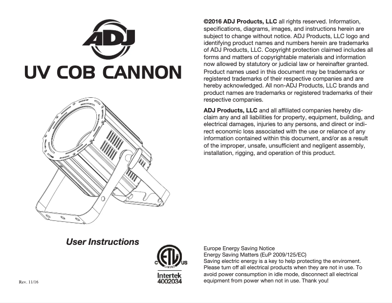 Imagen de la primera página del manual del dispositivo UV COB Cannon