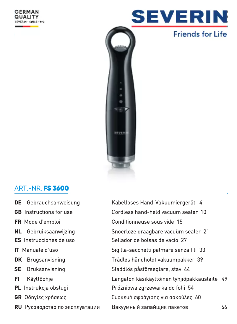 Page 1 of the manual User Manual Severin FS 3600