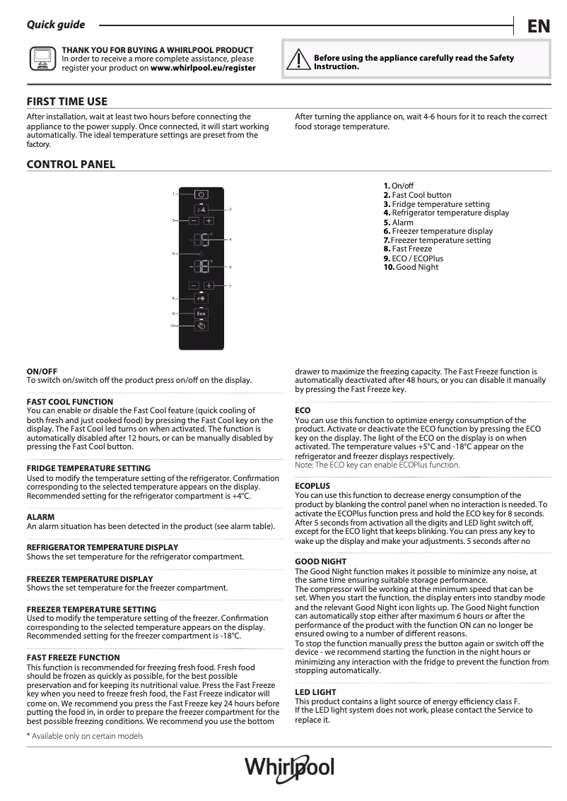 Page 1 de la notice Guide de démarrage rapide Whirlpool W7X 83T MX