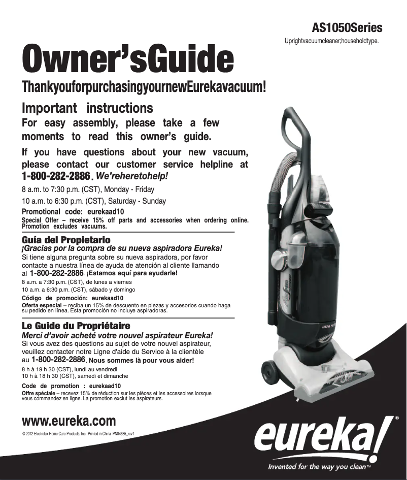 Page 1 de la notice Manuel utilisateur Electrolux AirSpeed Pet Bagged AS1051A