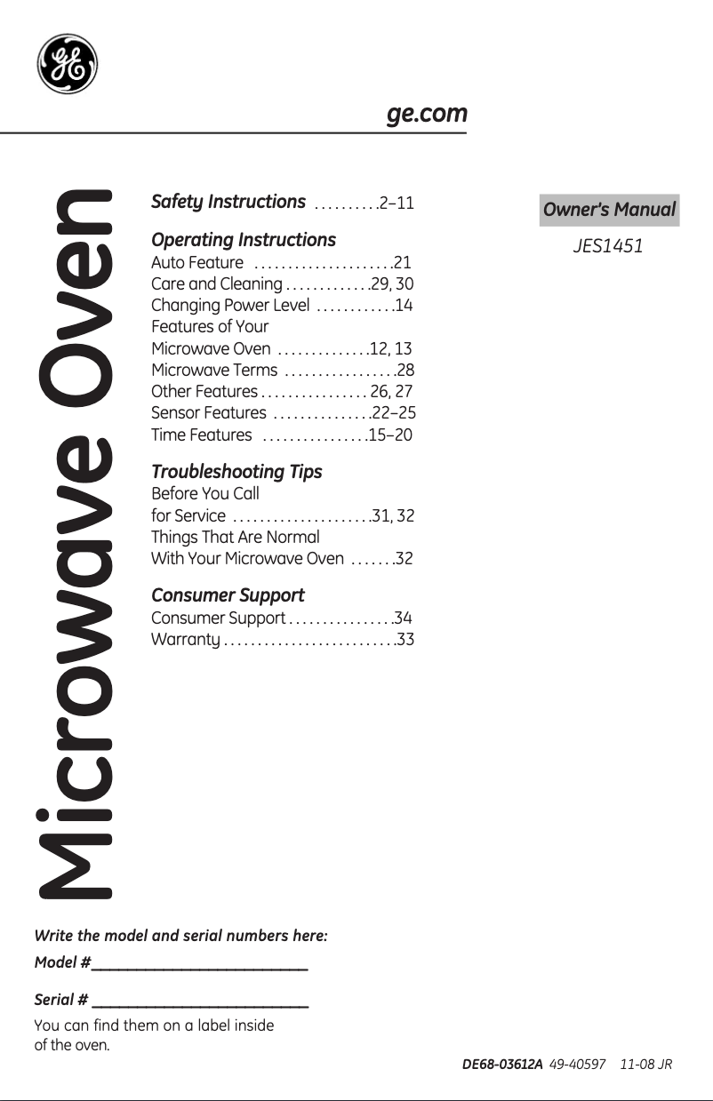 Page n°1 - Manuel utilisateur GE JES1451DNWW