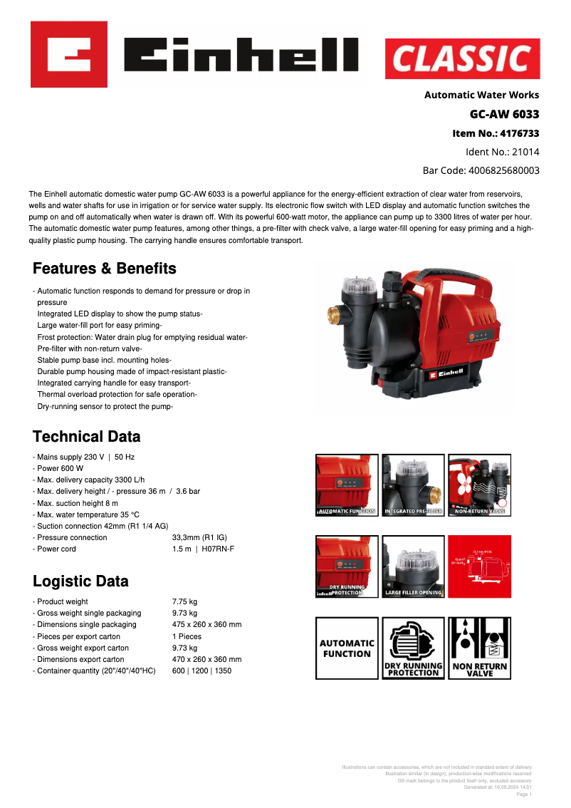 Page 1 de la notice Fiche technique Einhell GC-AW 6033