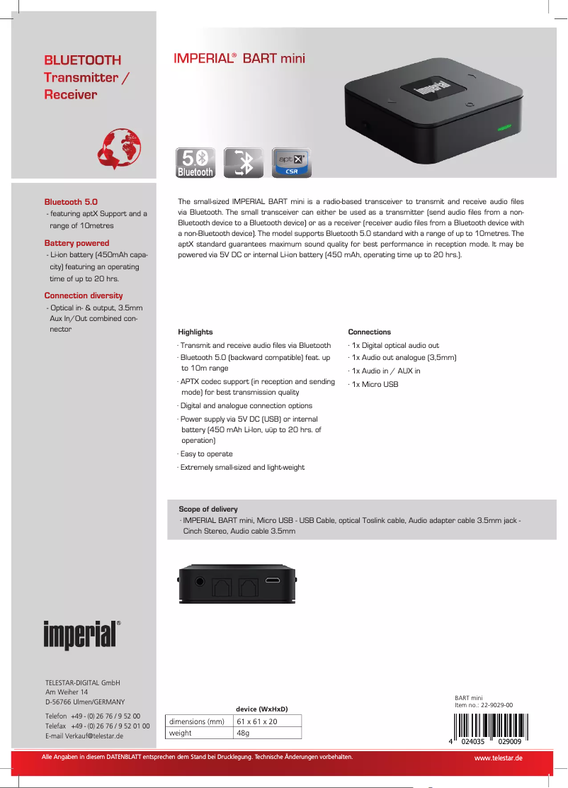 Page 1 de la notice Fiche technique Imperial Bart Mini
