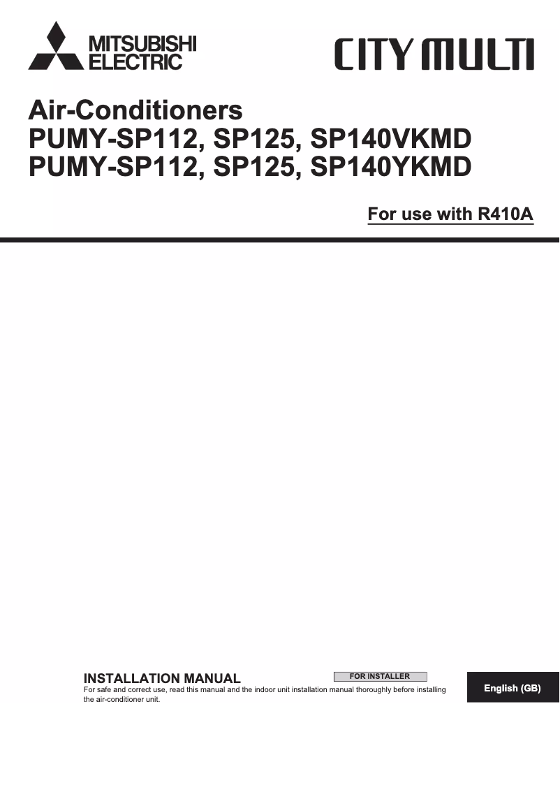 Page 1 de la notice Manuel utilisateur Mitsubishi PUMY-SP112VKMD