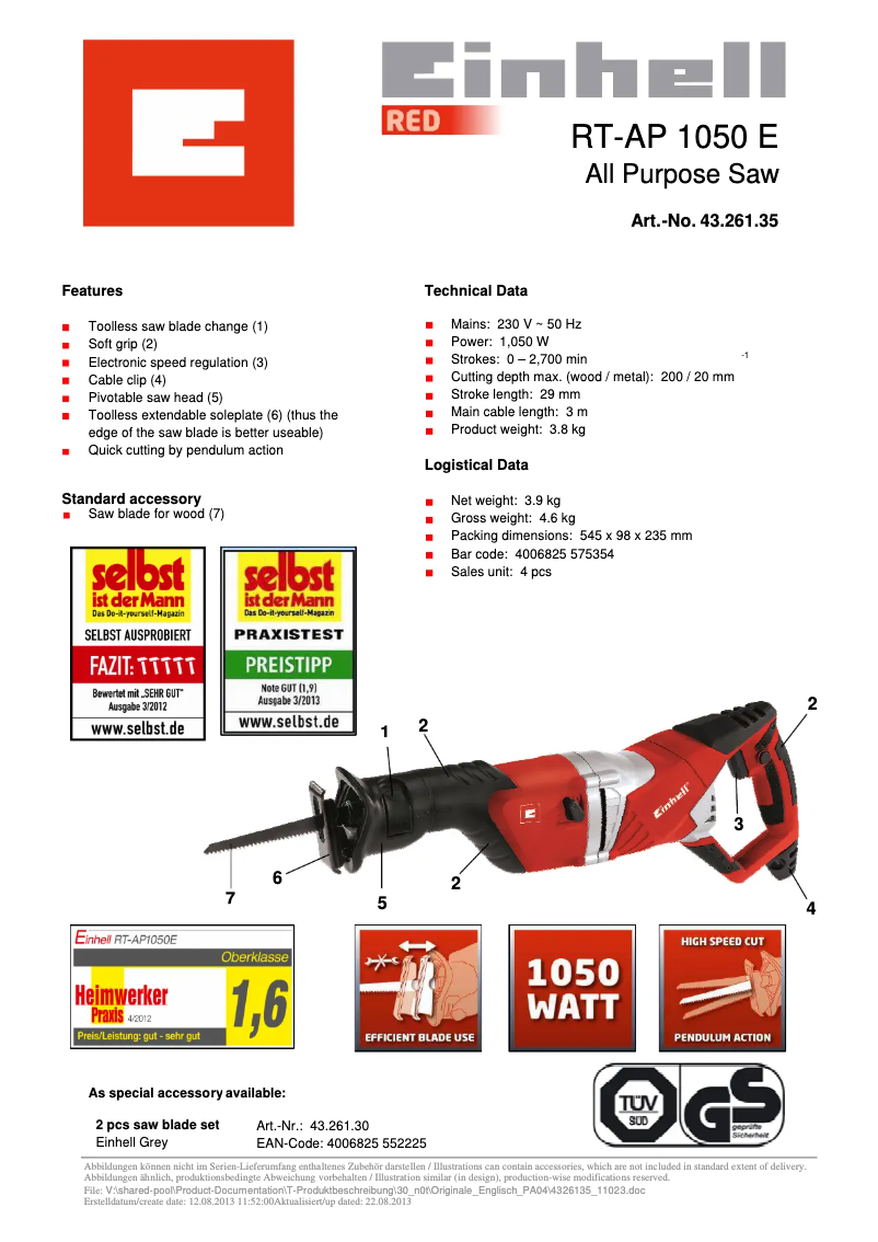 Page 1 de la notice Fiche technique Einhell RT-AP 1050 E