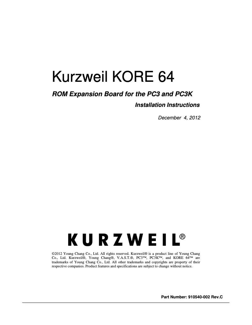 Page 1 de la notice Guide d'installation Kurzweil PC3
